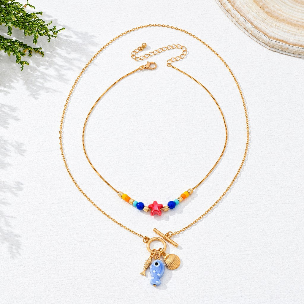 Boho Colorful Bead & Fish Charm Necklace