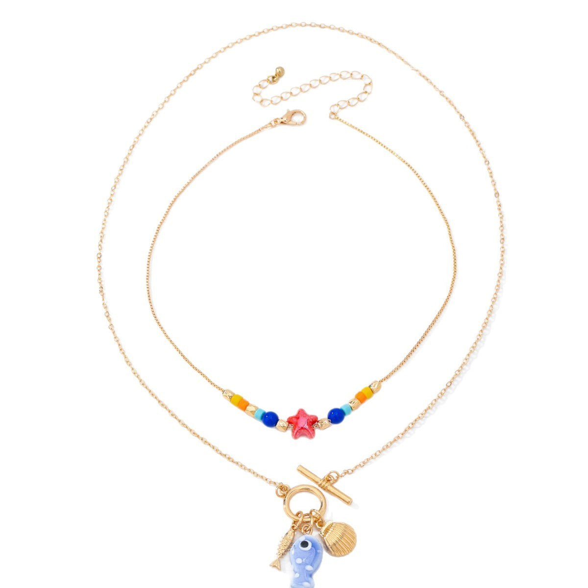 Boho Colorful Bead & Fish Charm Necklace