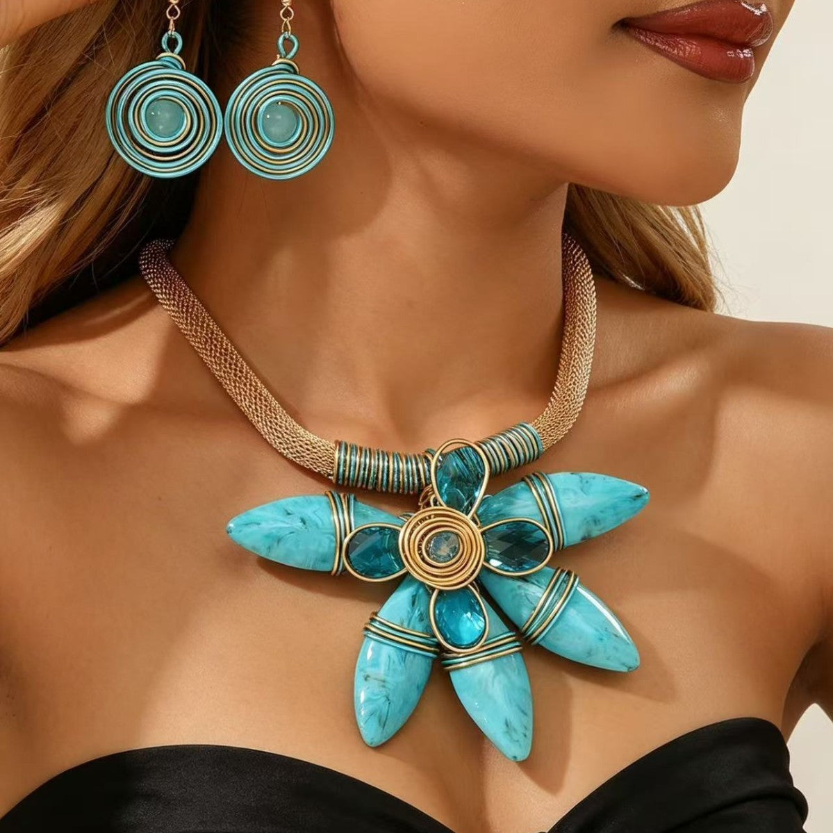 Boho Purple Floral Statement Necklace & Earring Set