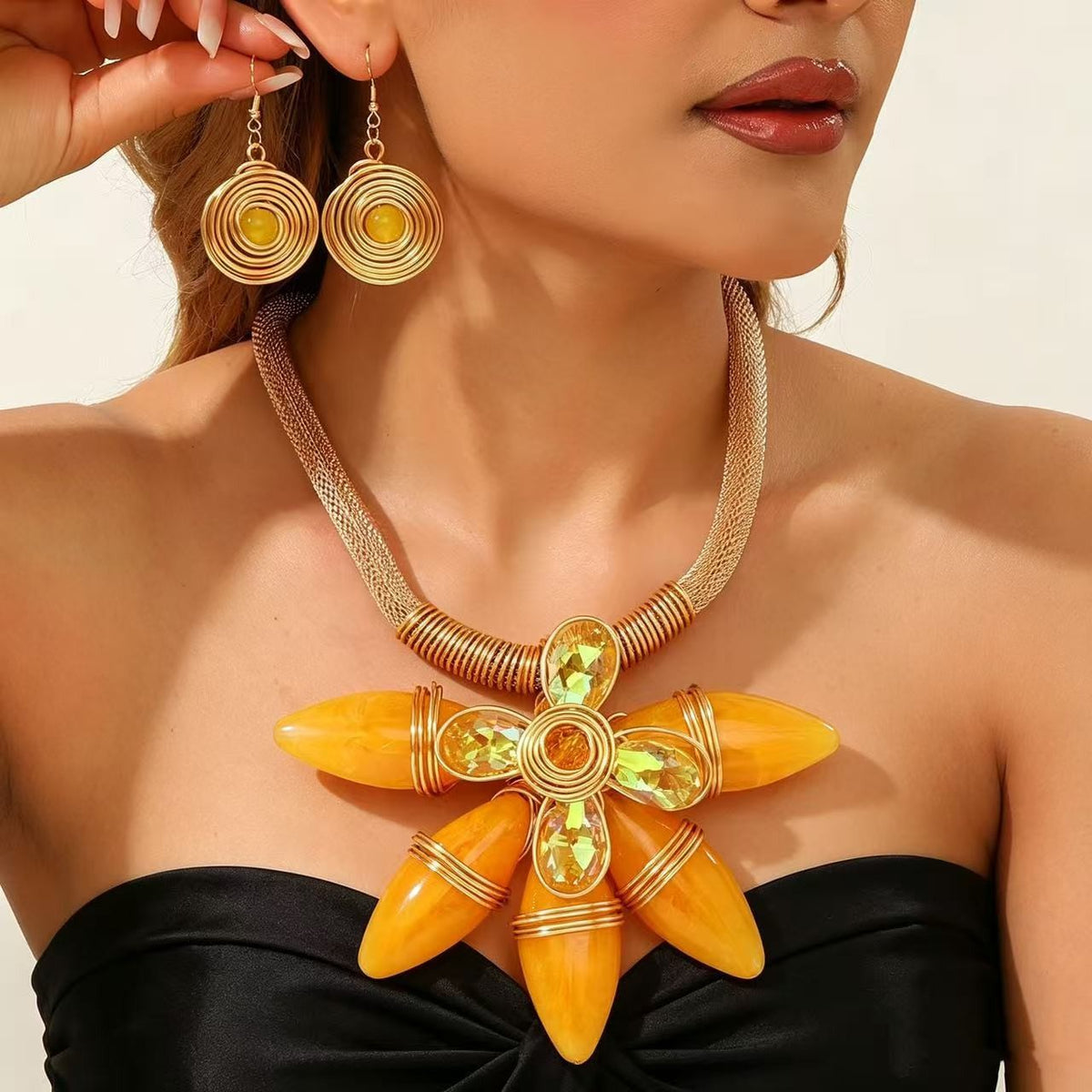 Boho Purple Floral Statement Necklace & Earring Set