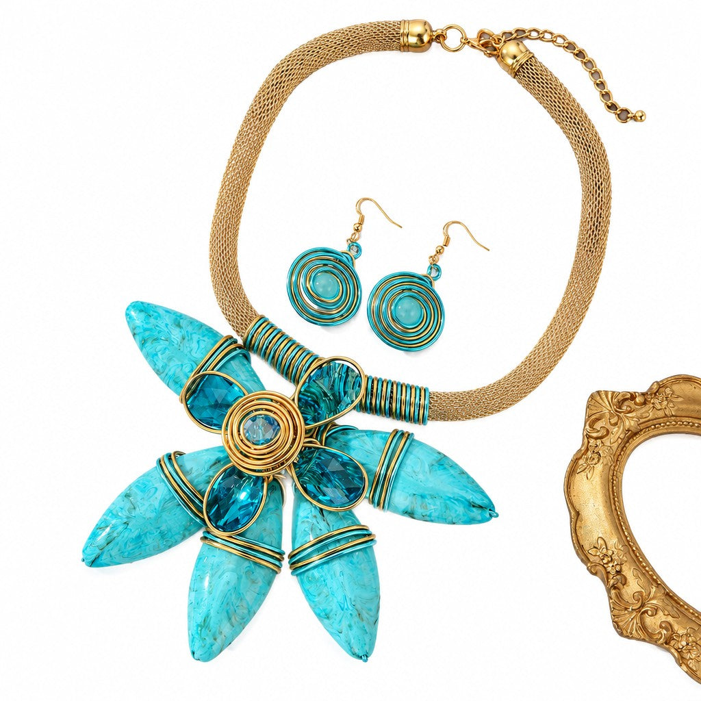 Boho Purple Floral Statement Necklace & Earring Set