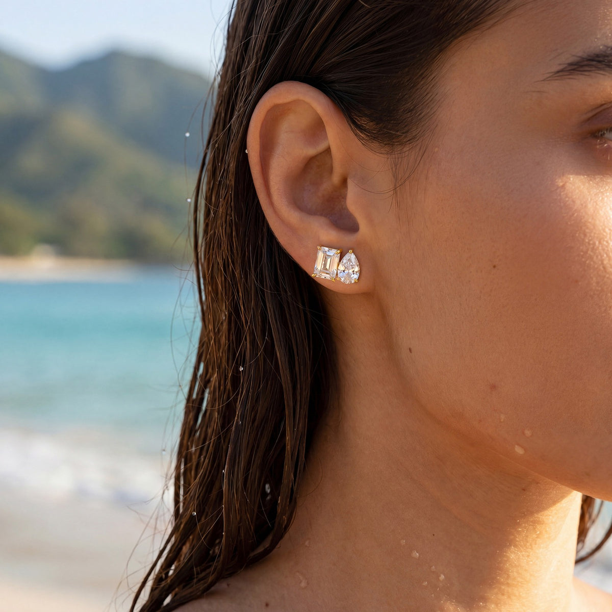 18k Dainty Baguette & Pear Zirconia Stud Earrings