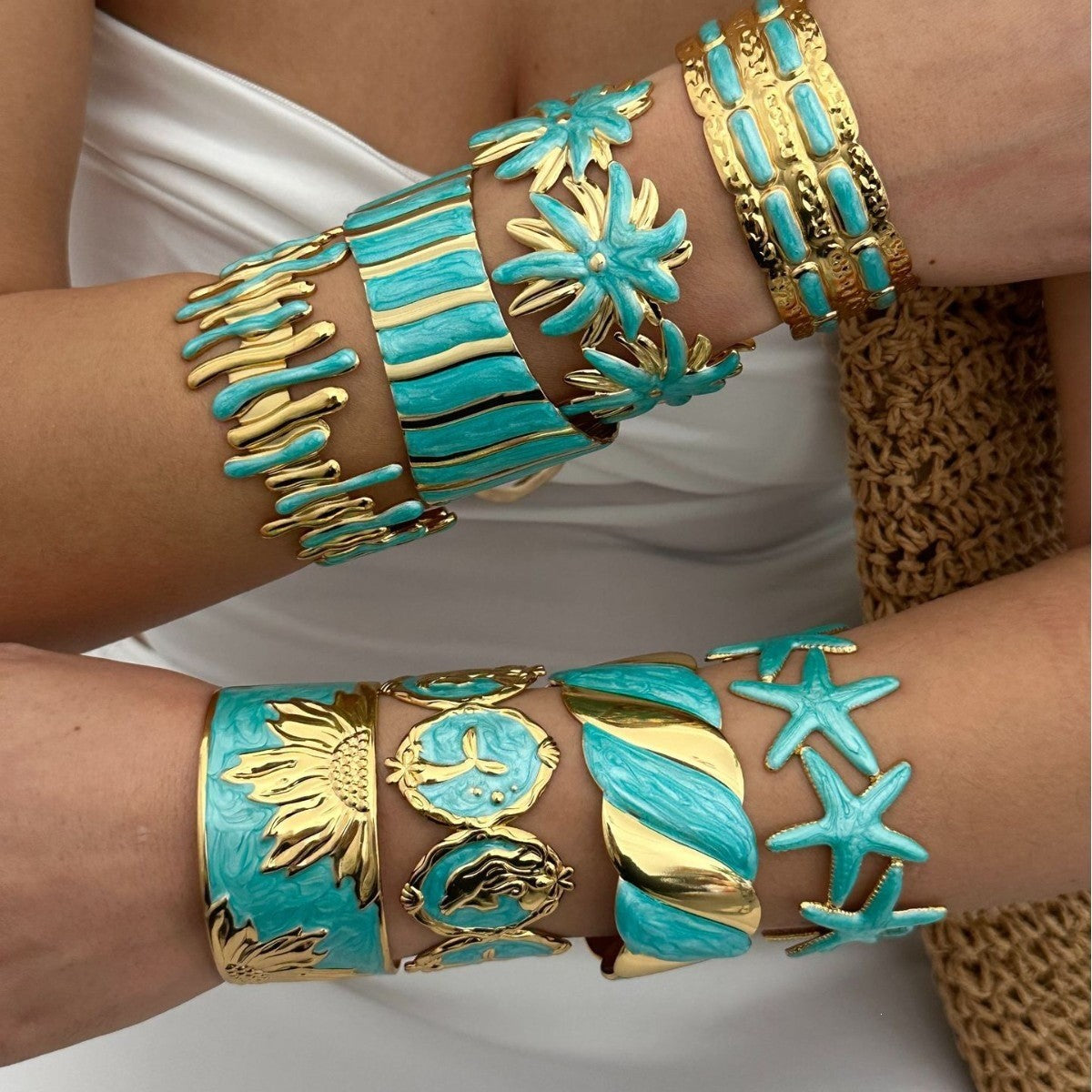 Boho Turquoise Enamel Cuff Bracelet Set