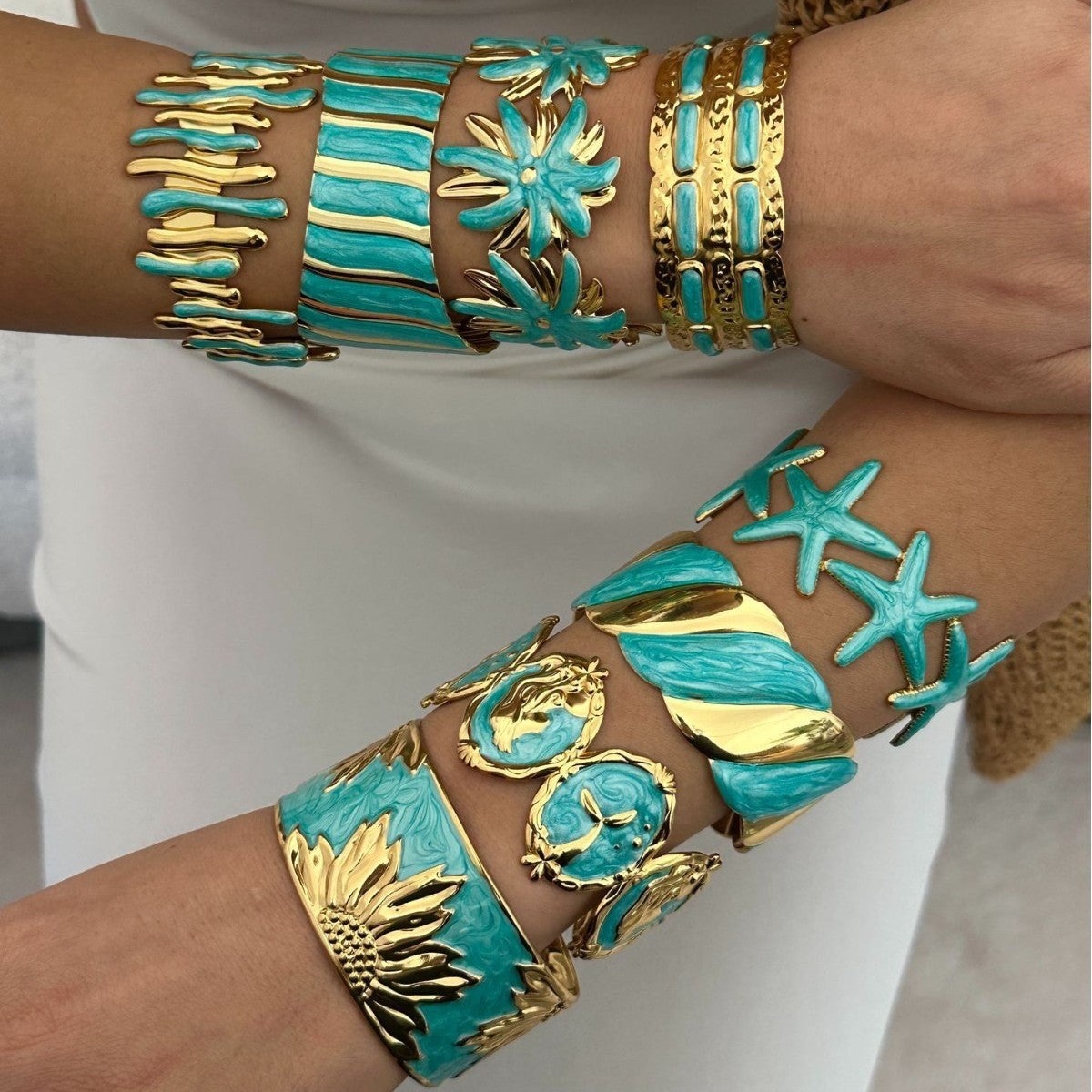 Boho Turquoise Enamel Cuff Bracelet Set