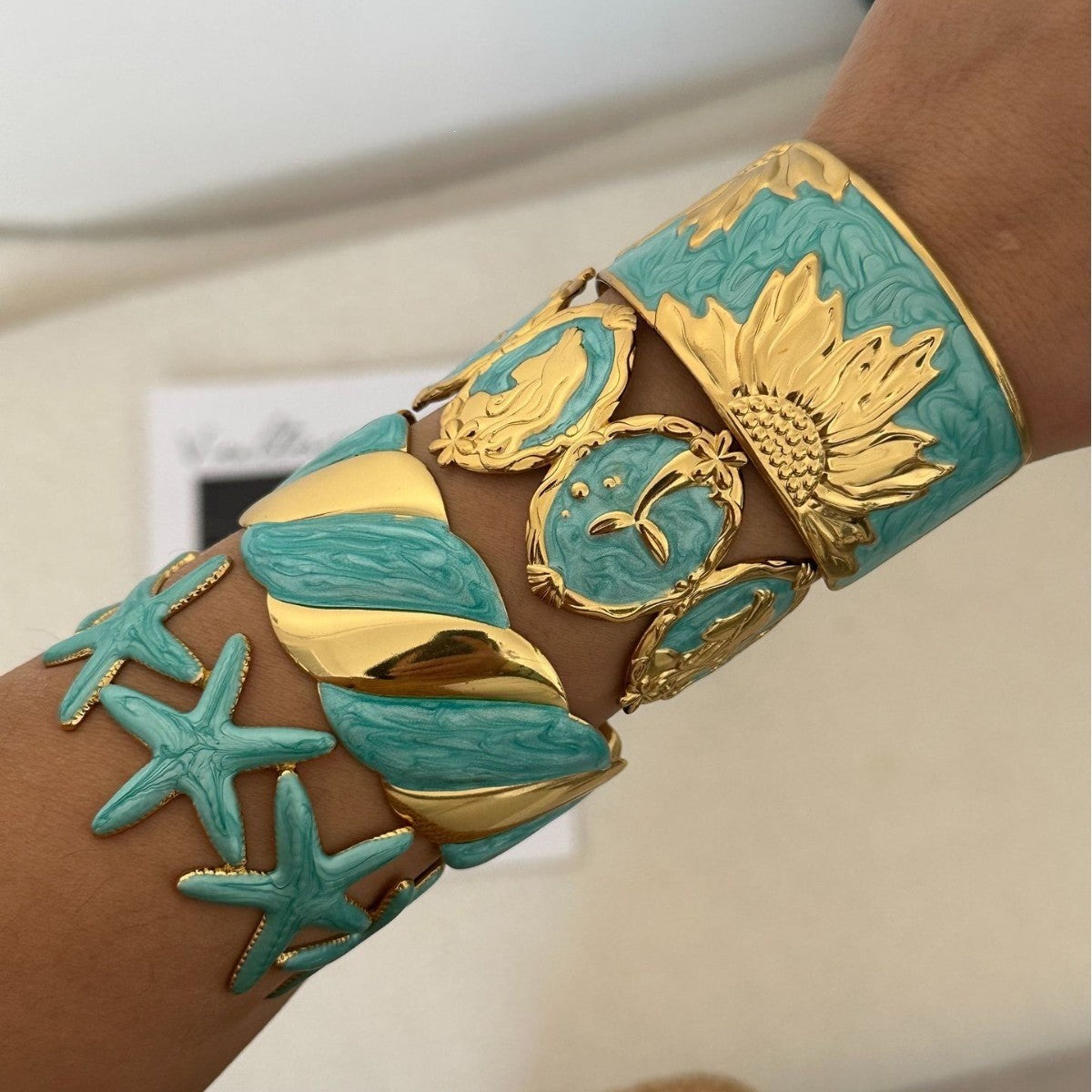 Boho Turquoise Enamel Cuff Bracelet Set