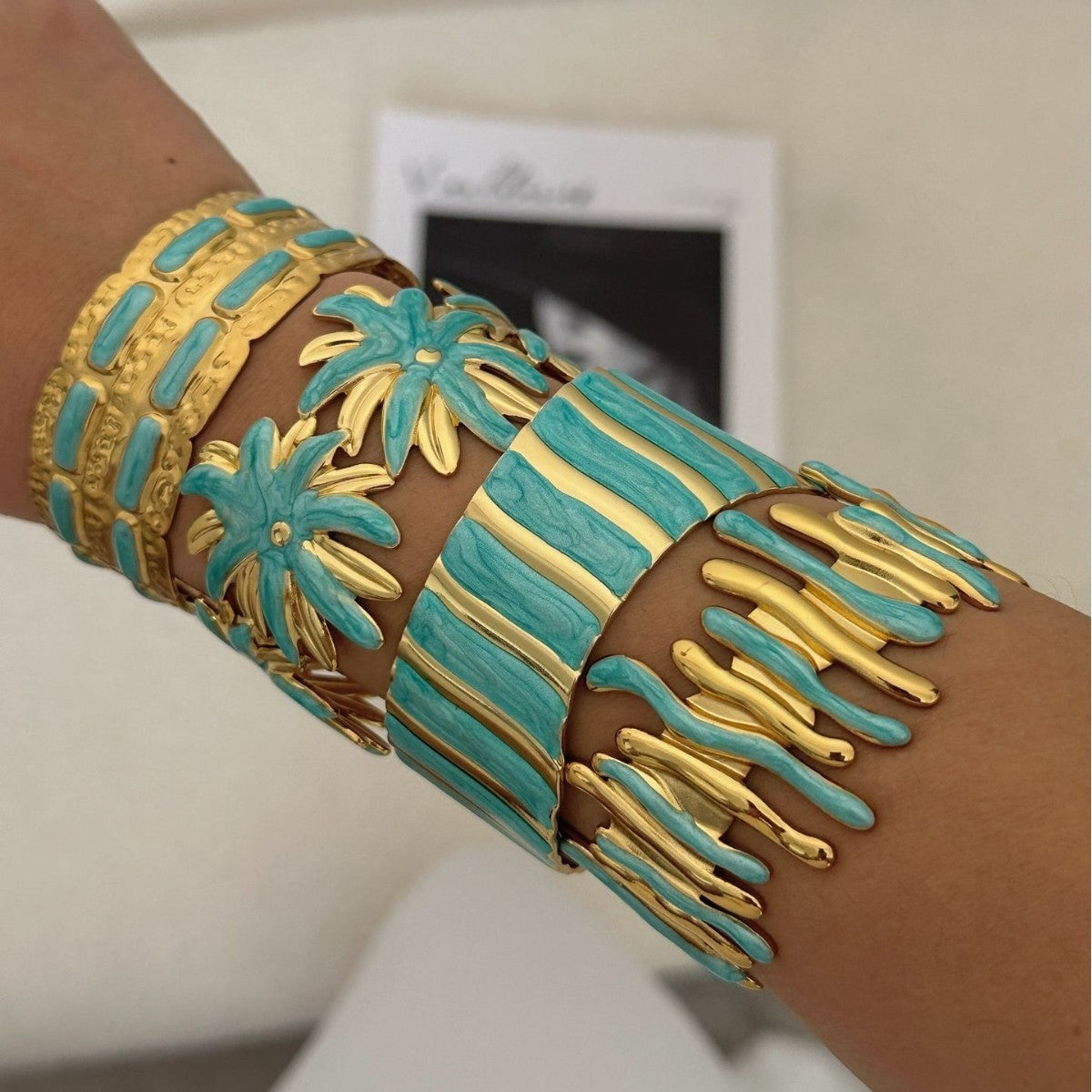Boho Turquoise Enamel Cuff Bracelet Set