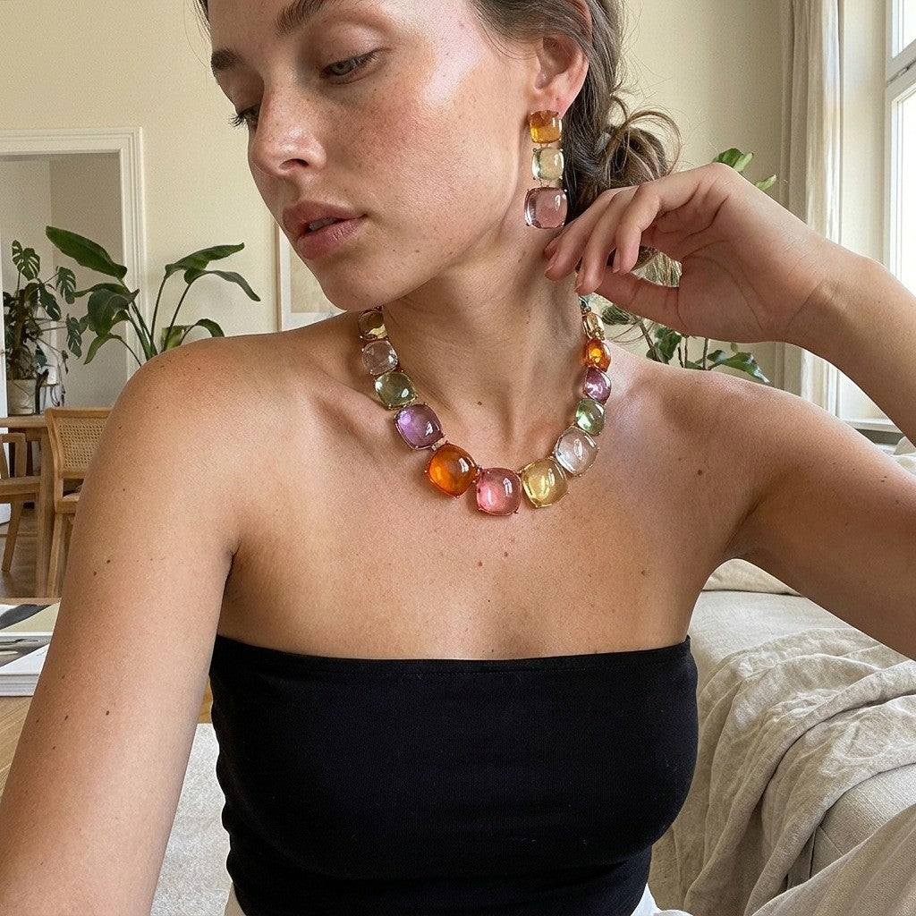Classy Multicolor Square Gemstone Necklace & Earring Set