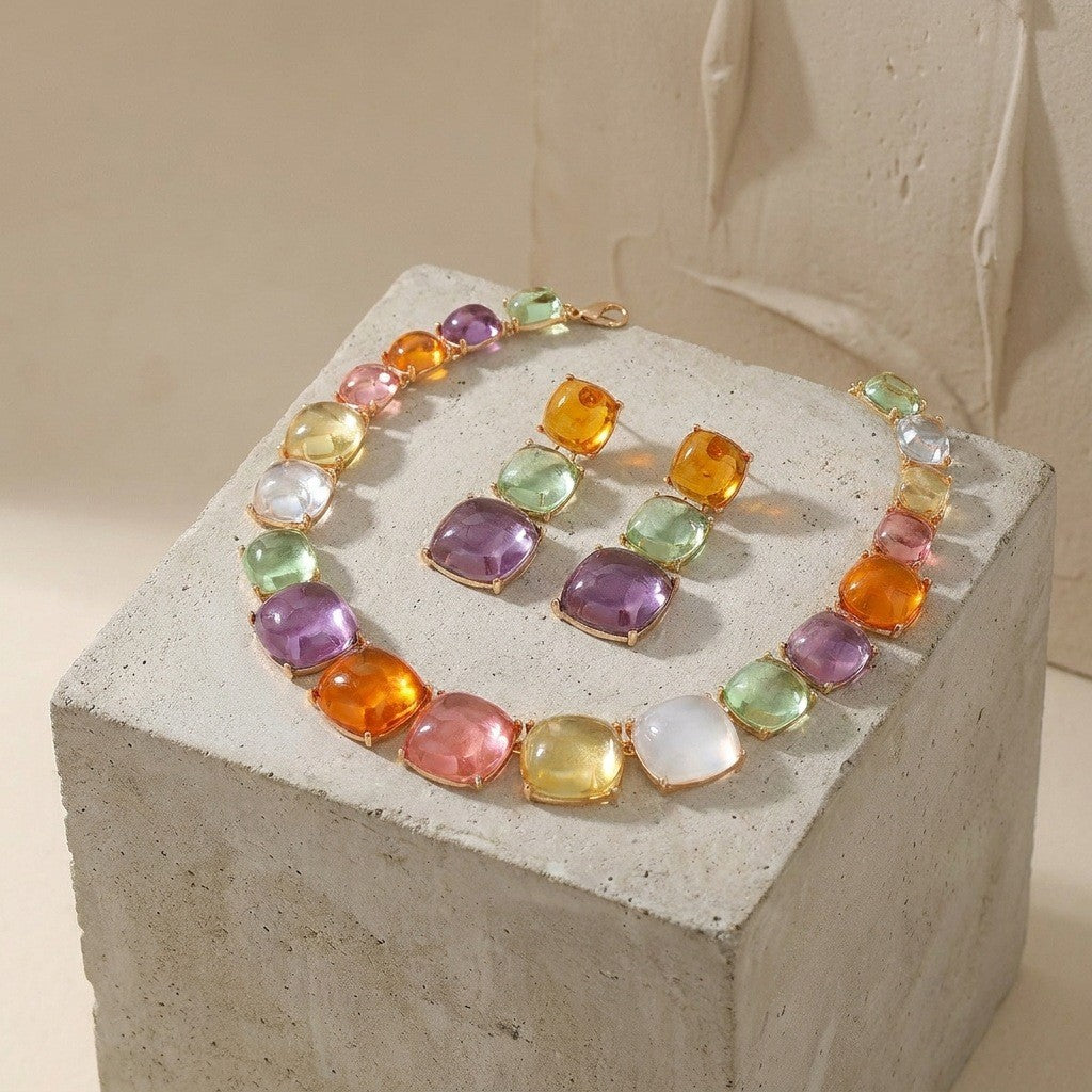 Classy Multicolor Square Gemstone Necklace & Earring Set