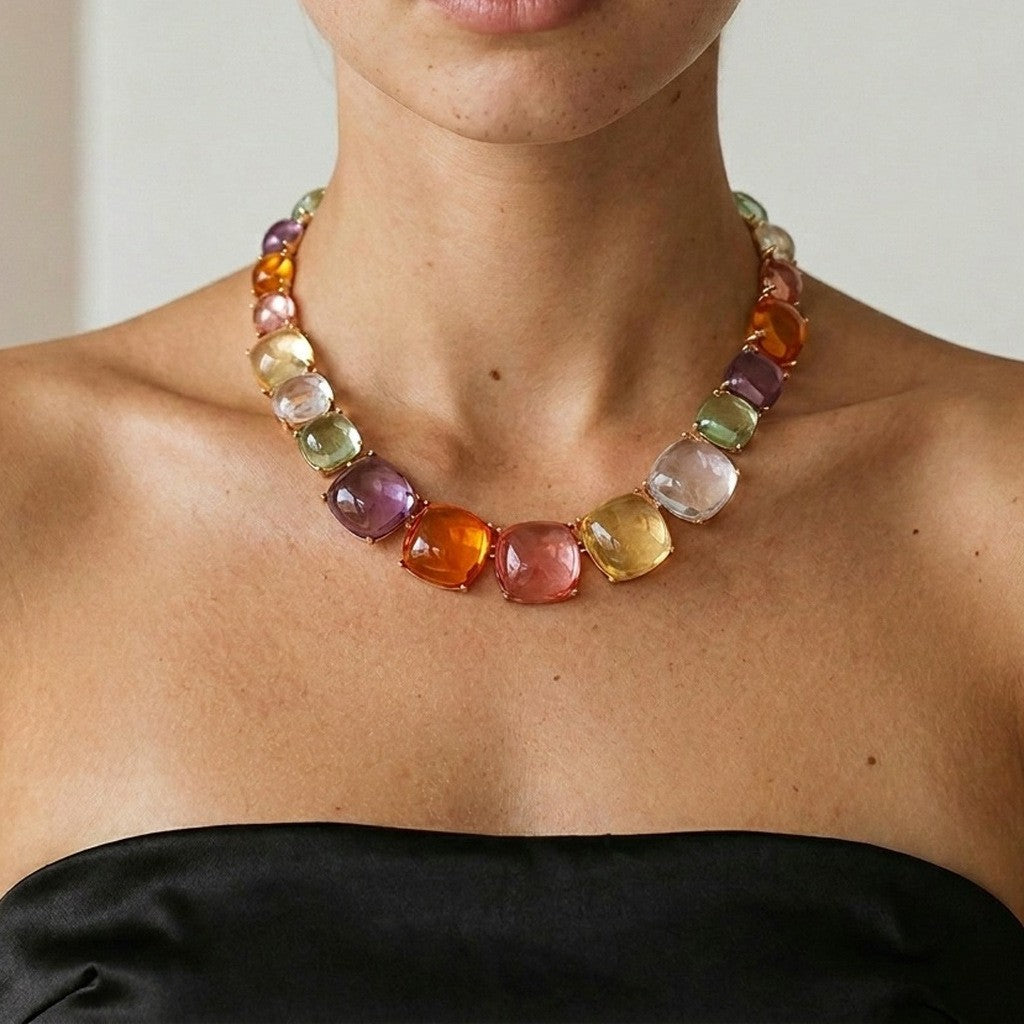 Classy Multicolor Square Gemstone Necklace & Earring Set