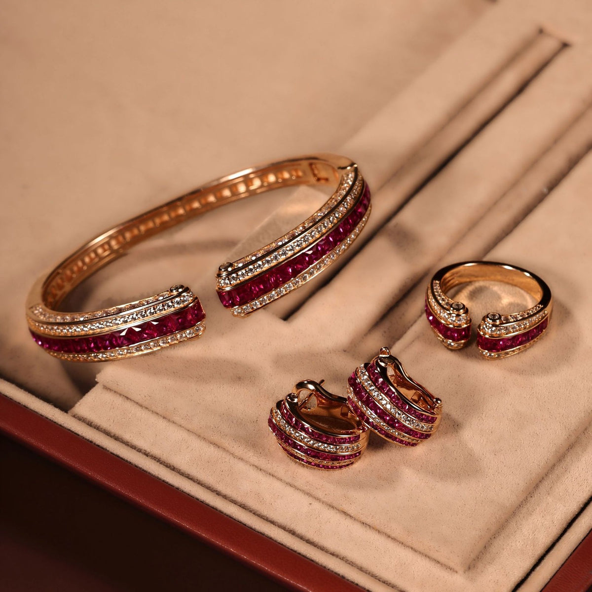 S925 Vintage Ruby Bangle, Ring & Earring Set