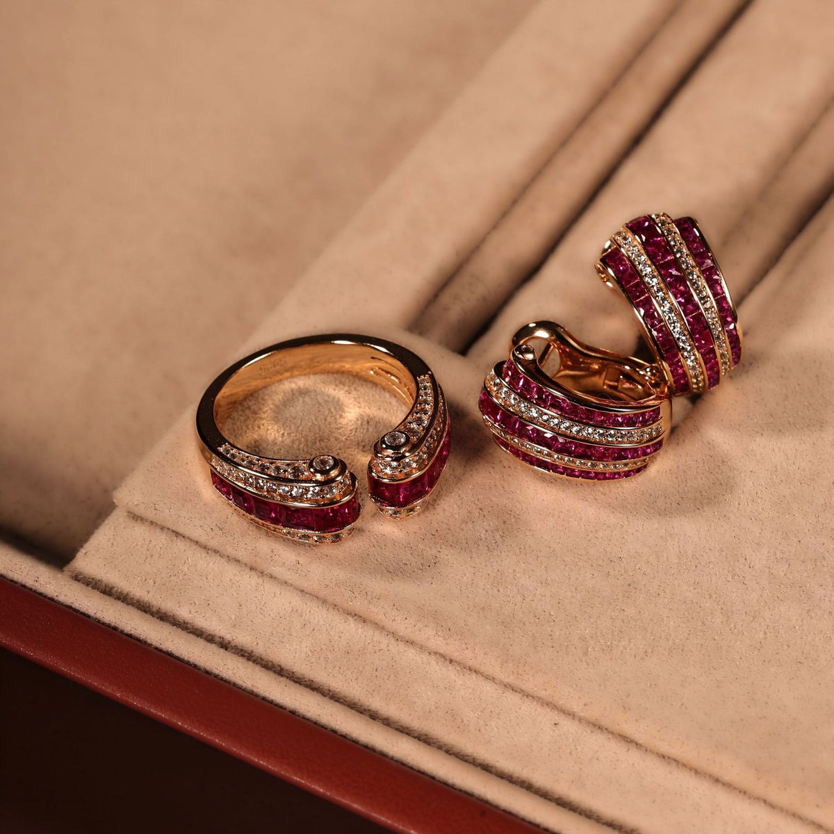S925 Vintage Ruby Bangle, Ring & Earring Set