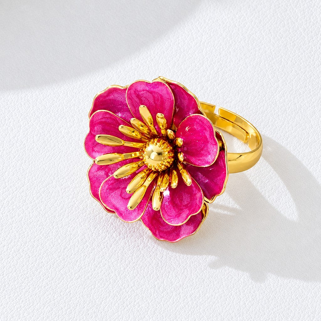 Romantic Enamel Camellia Flower Ring