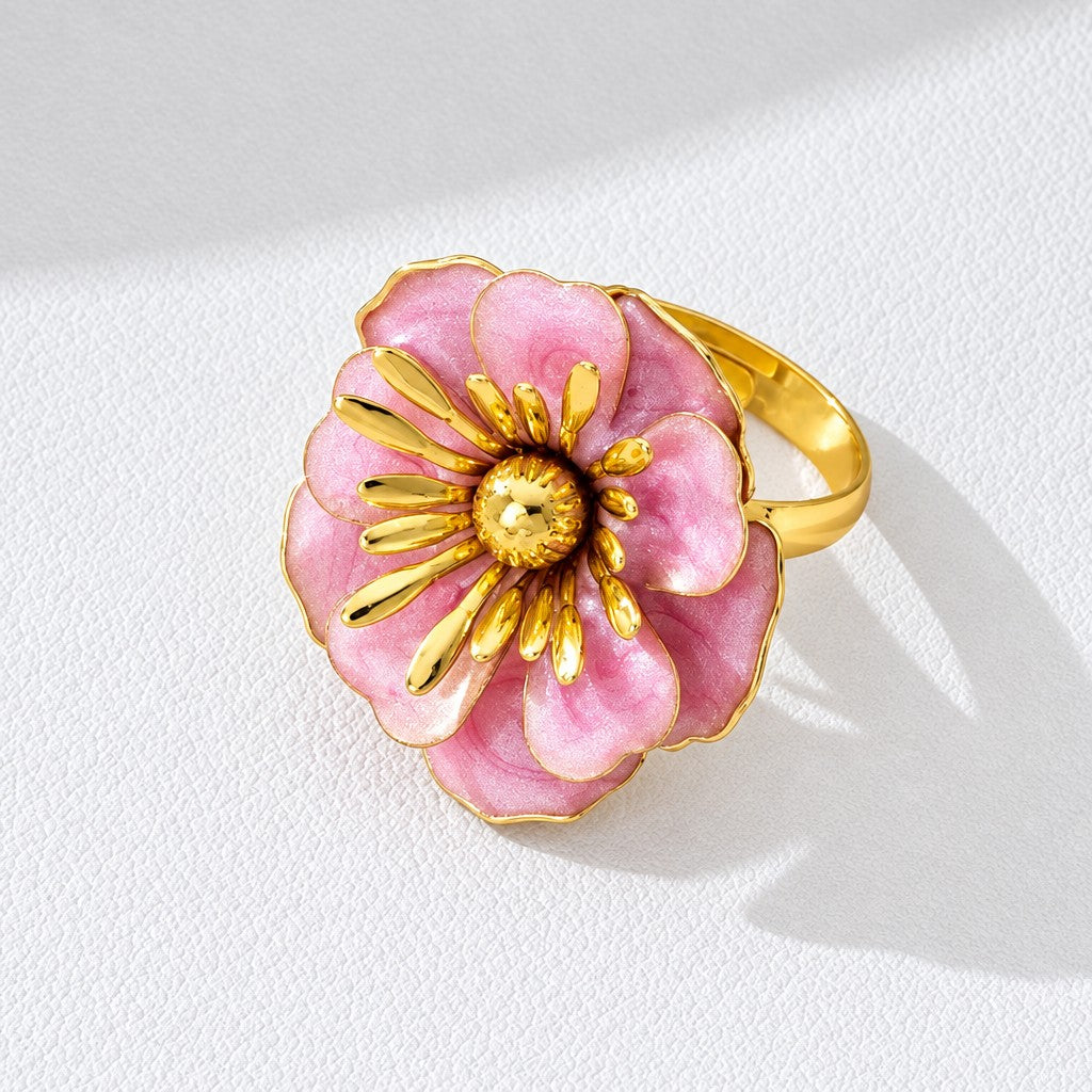 Romantic Enamel Camellia Flower Ring