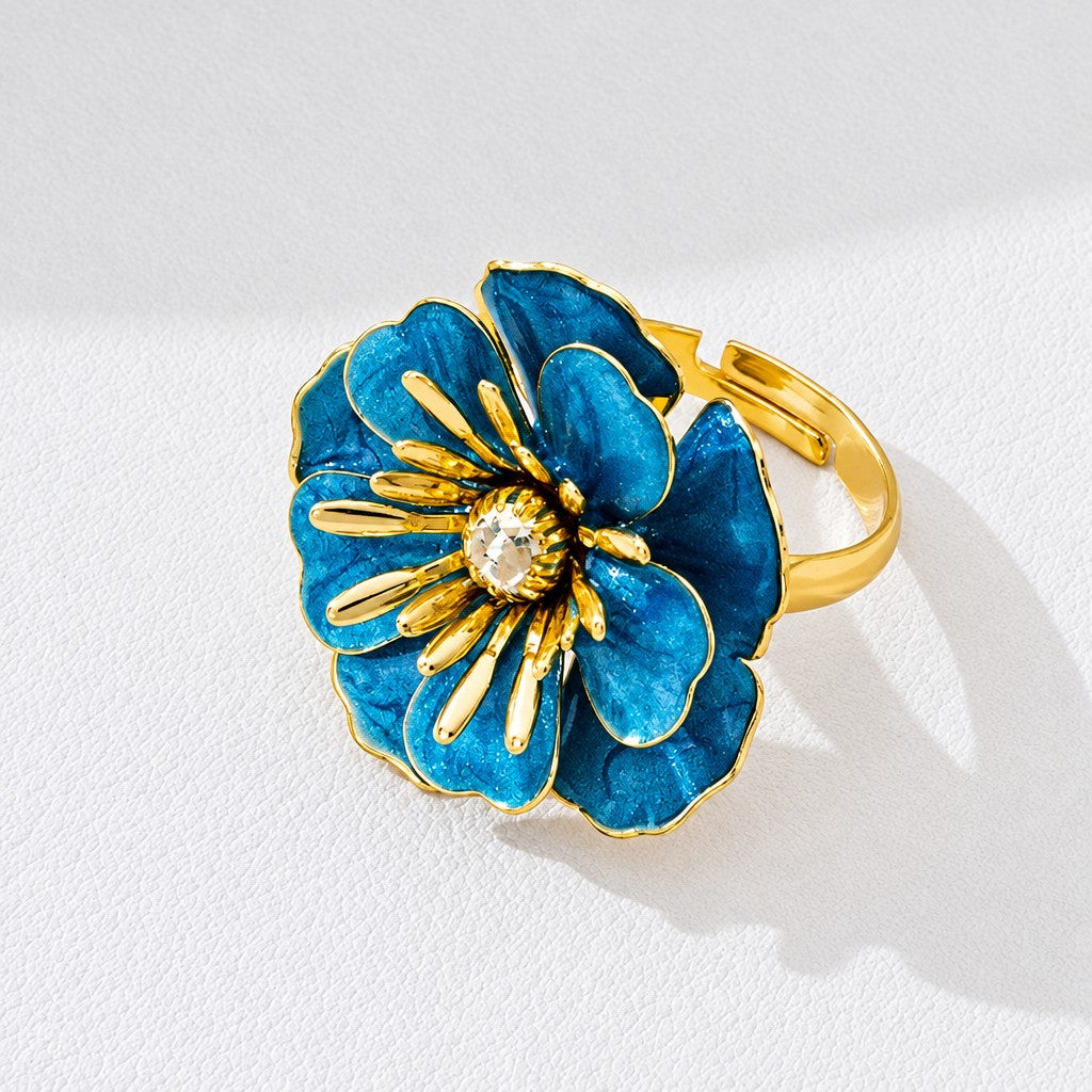 Romantic Enamel Camellia Flower Ring
