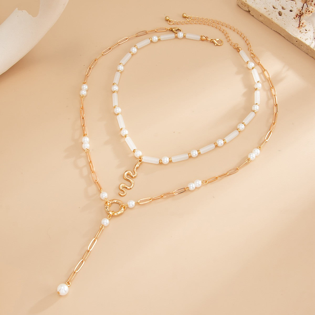 Classy Layered Pearl & Snake Lariat Necklace