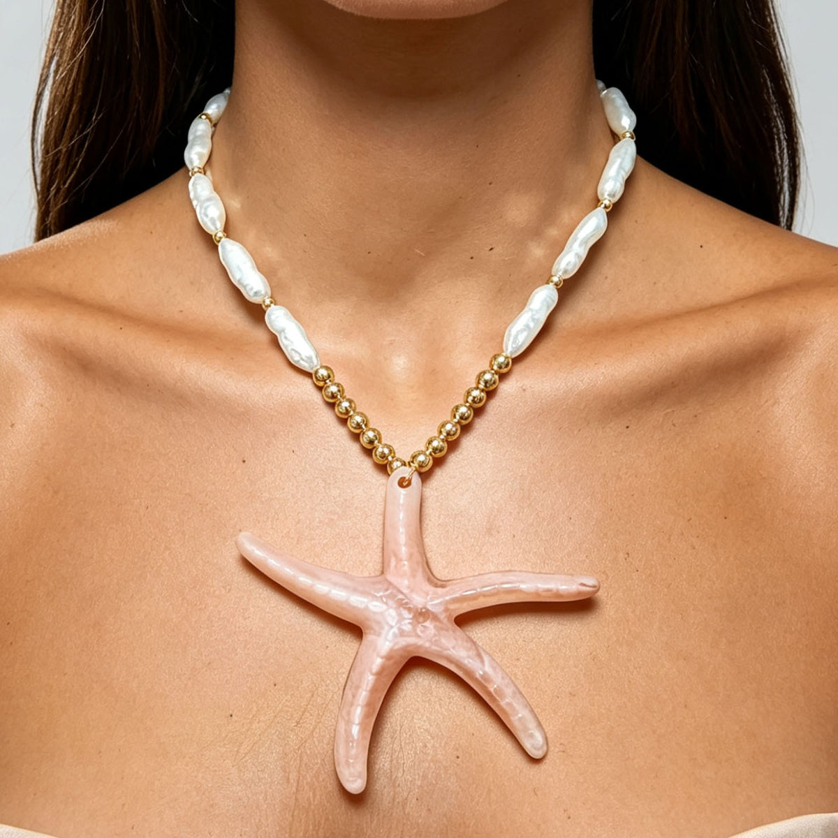 Boho Layered Faux Pearl Colorful Starfish Necklace