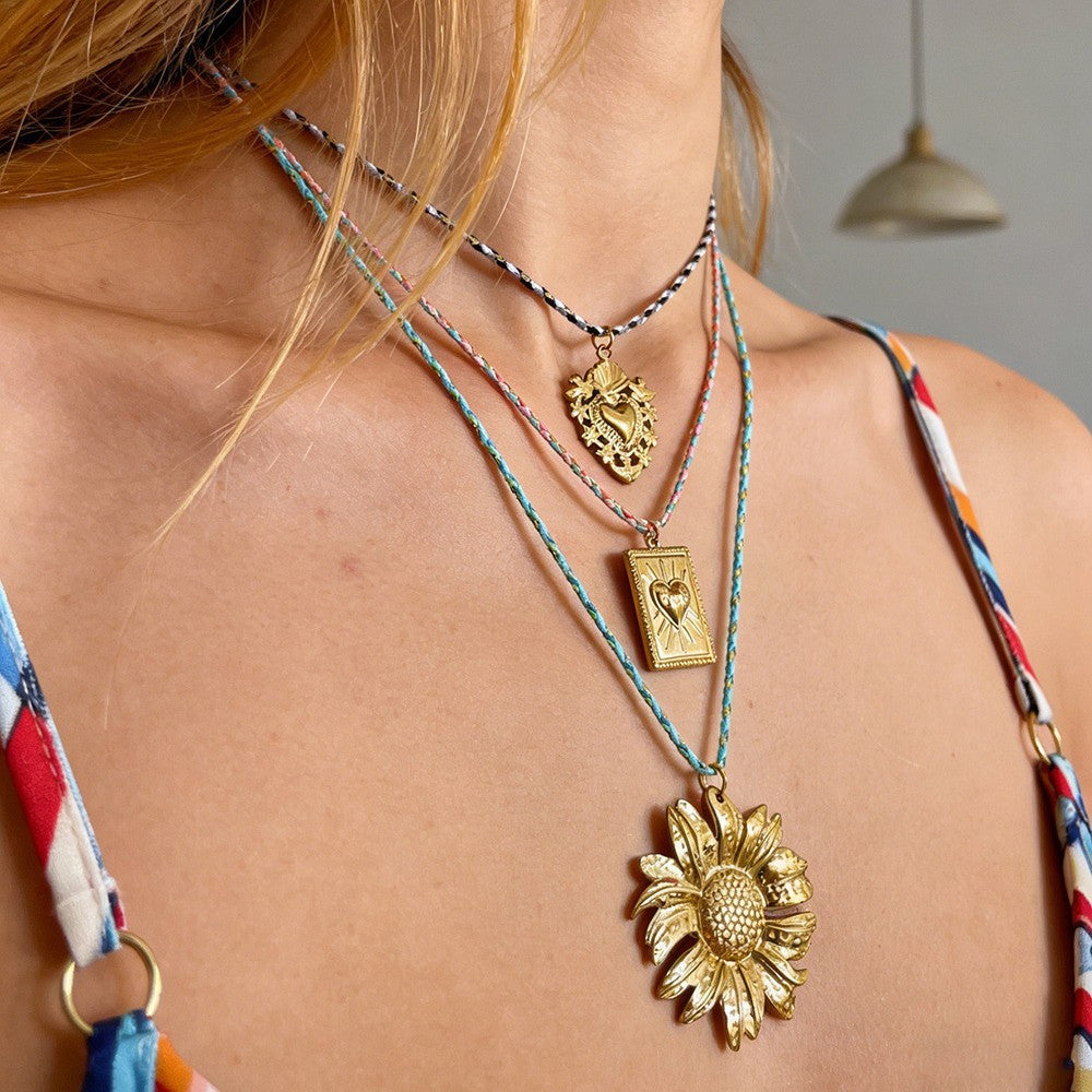 Boho Layered Sun & Heart Cord Necklace