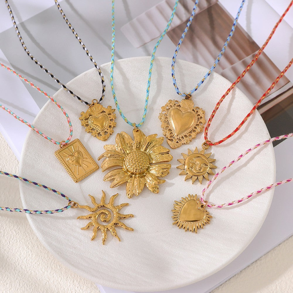 Boho Layered Sun & Heart Cord Necklace