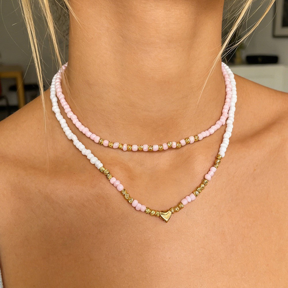 Romantic Pink Seed Bead Heart Necklace