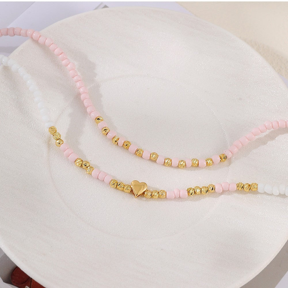 Romantic Pink Seed Bead Heart Necklace