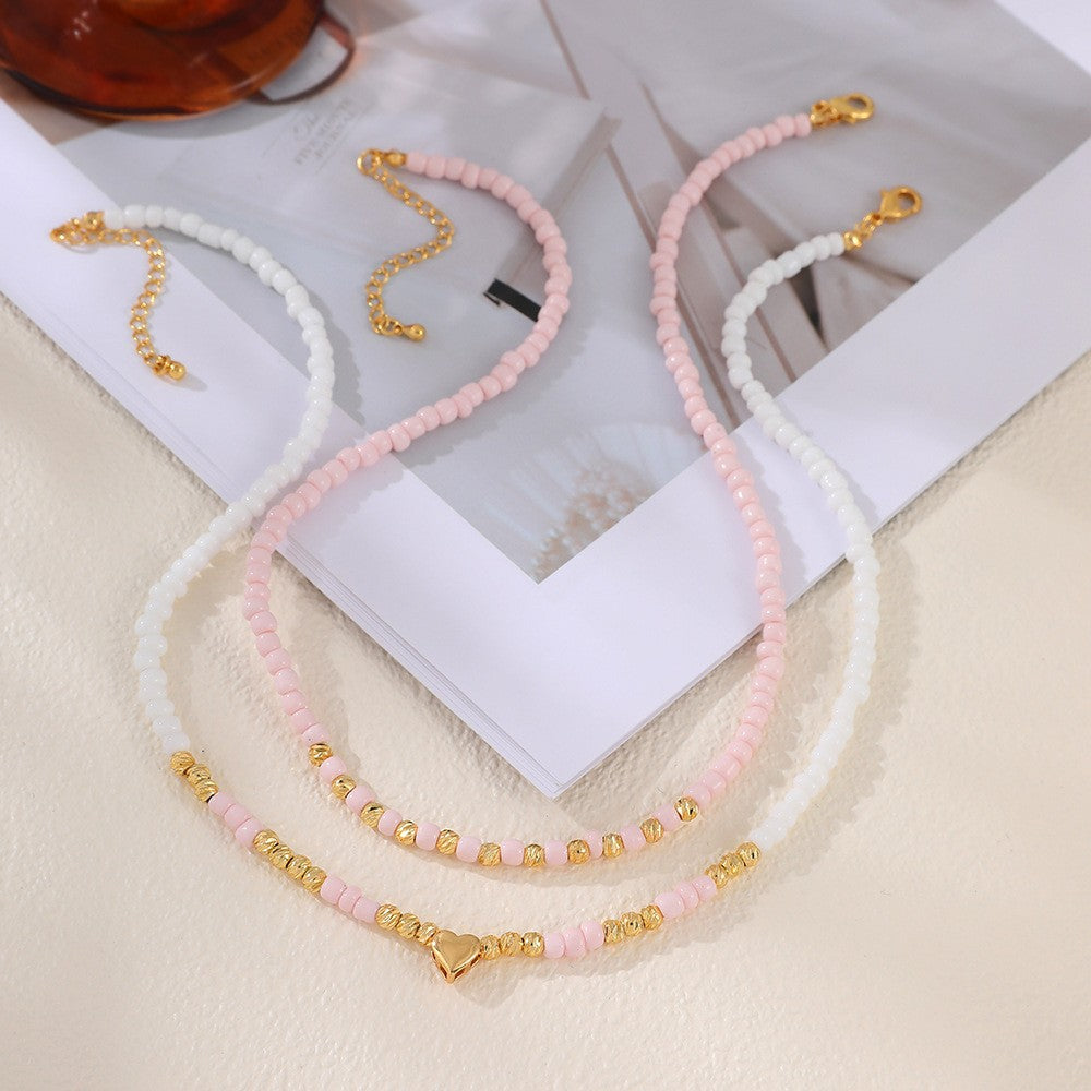 Romantic Pink Seed Bead Heart Necklace