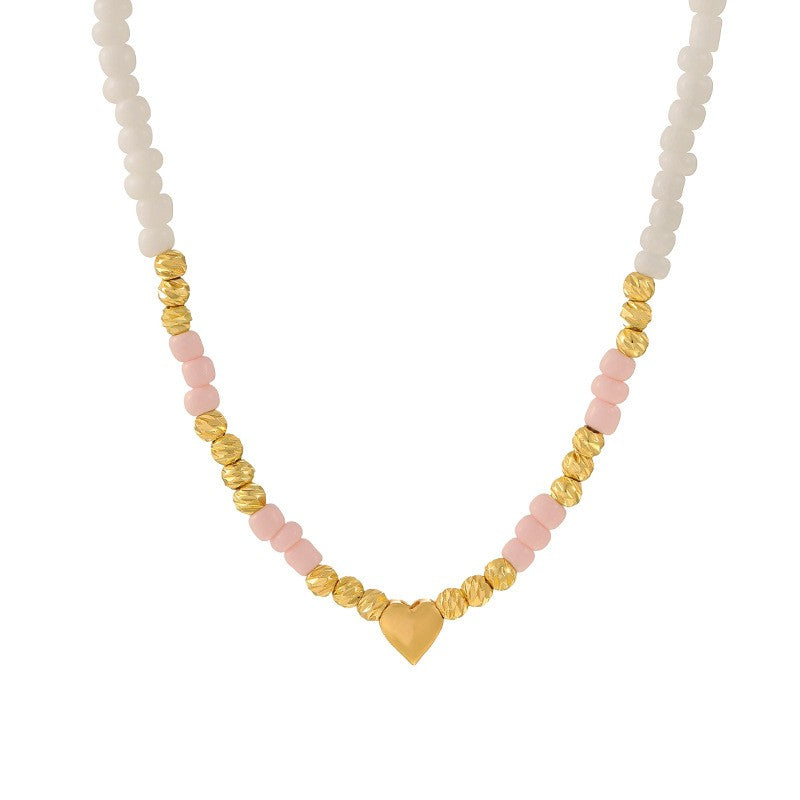 Romantic Pink Seed Bead Heart Necklace