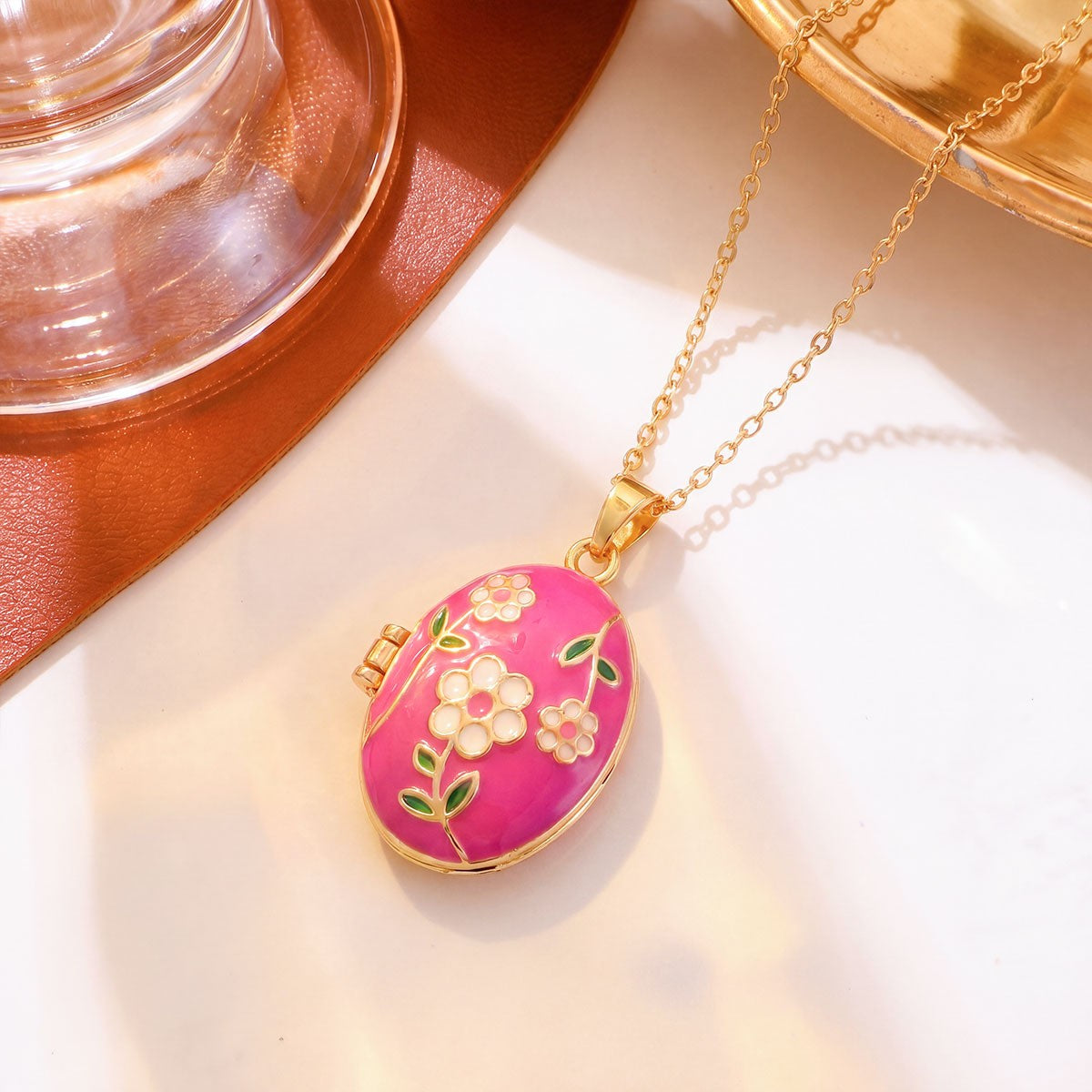 Romantic Enamel Floral Oval Locket Necklace