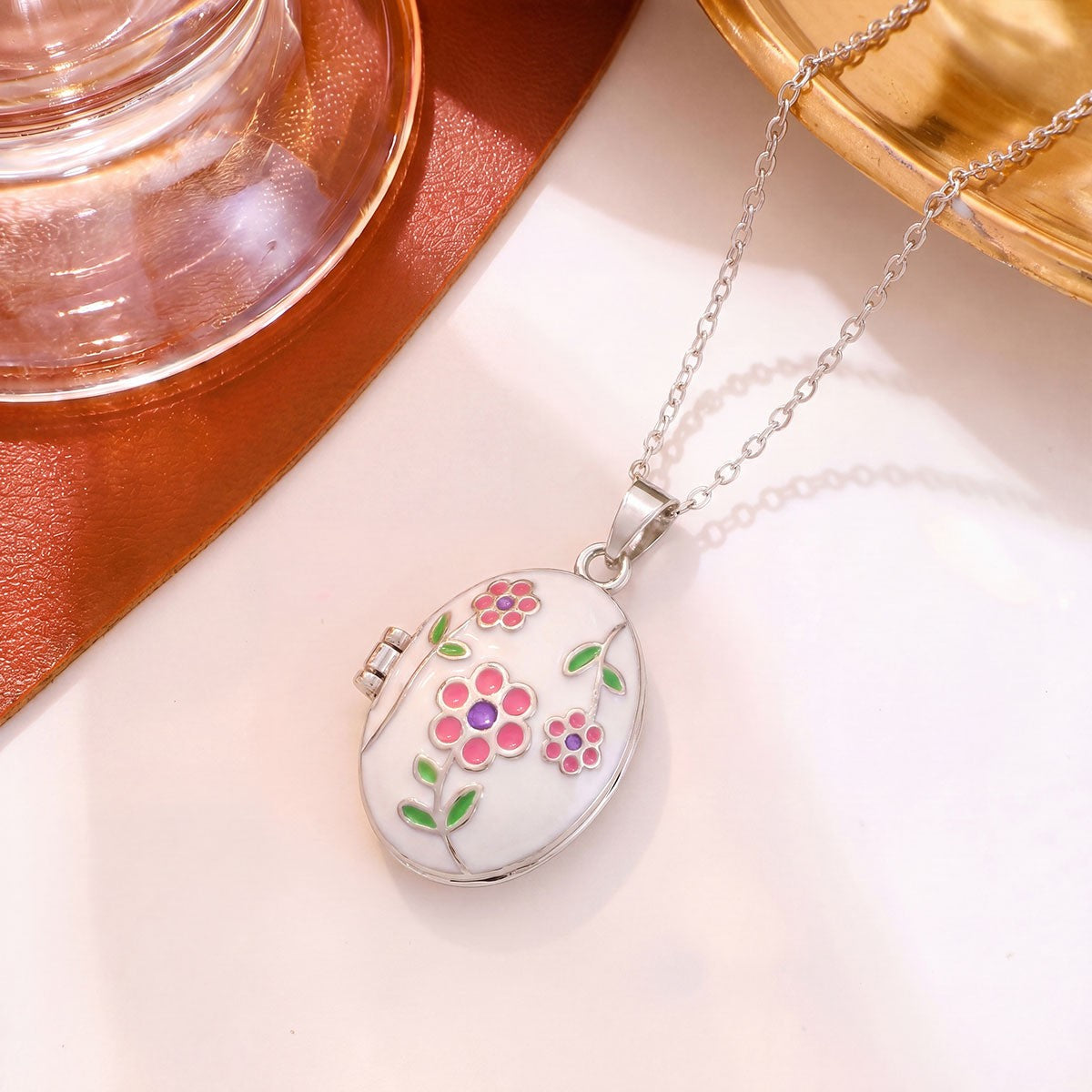 Romantic Enamel Floral Oval Locket Necklace