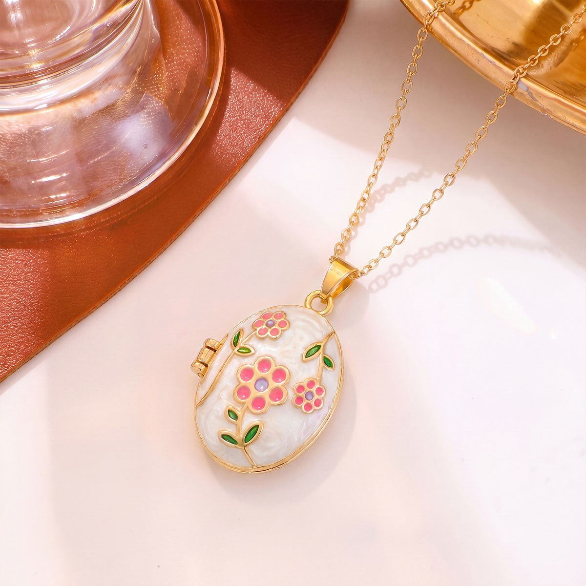 Romantic Enamel Floral Oval Locket Necklace