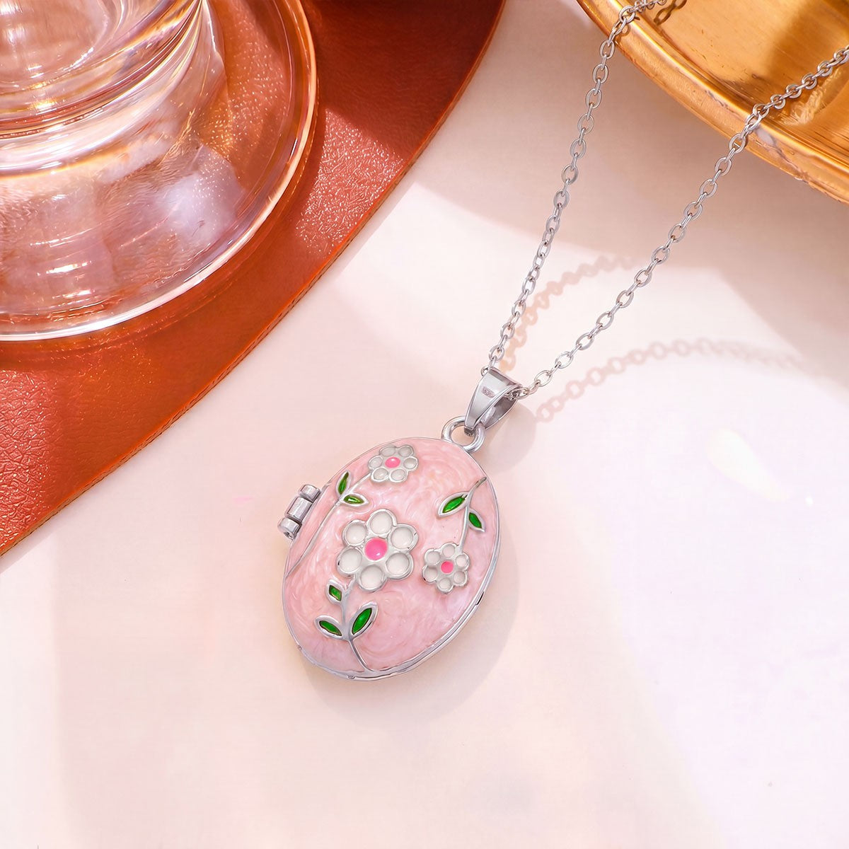 Romantic Enamel Floral Oval Locket Necklace