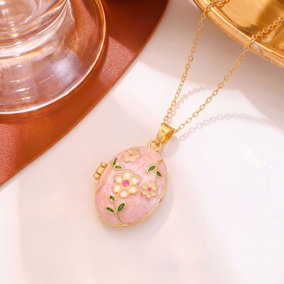 Romantic Enamel Floral Oval Locket Necklace