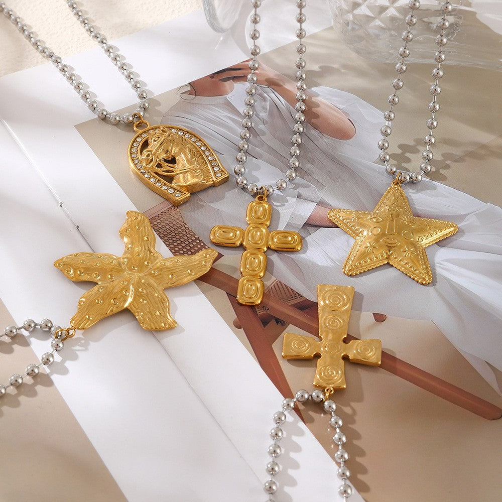 Classy Two-Tone Cross & Horse Pendant Necklace