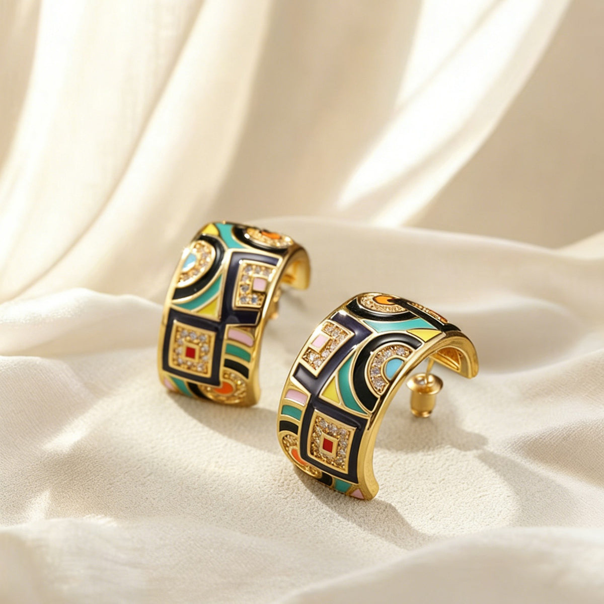 Classy French Vintage Enamel Geometric Hoop Earrings