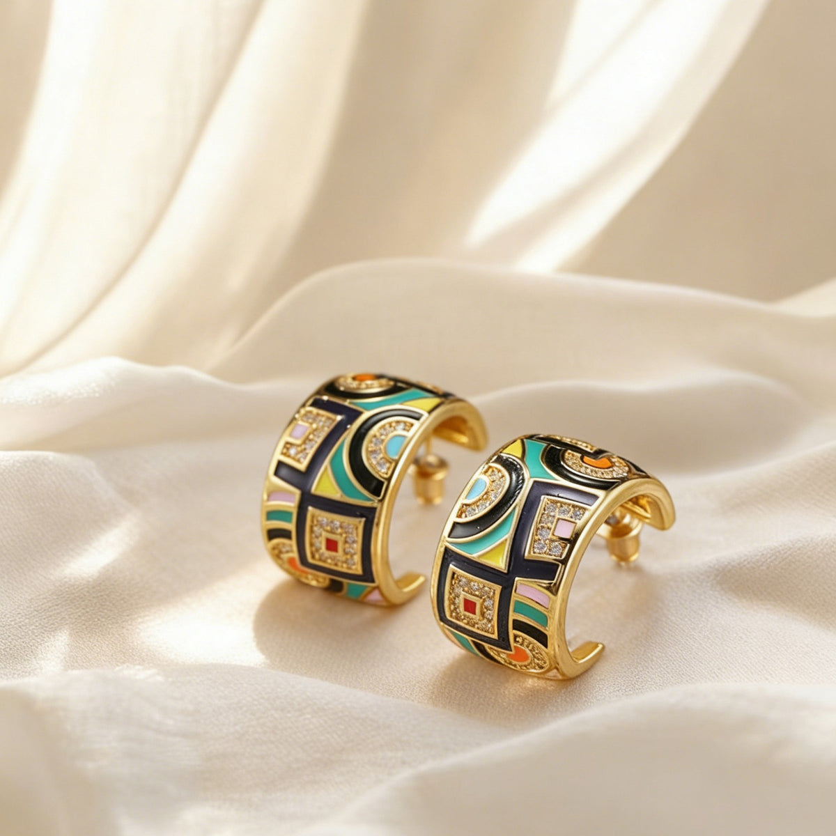 Classy French Vintage Enamel Geometric Hoop Earrings