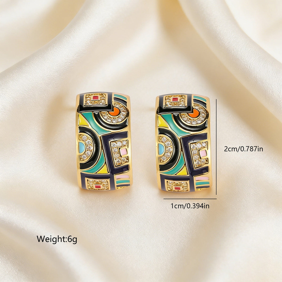 Classy French Vintage Enamel Geometric Hoop Earrings