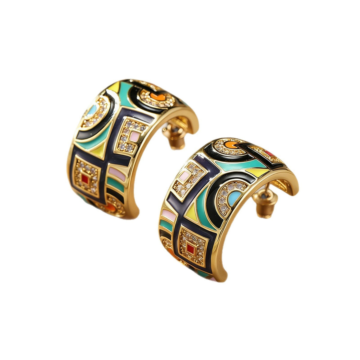Classy French Vintage Enamel Geometric Hoop Earrings