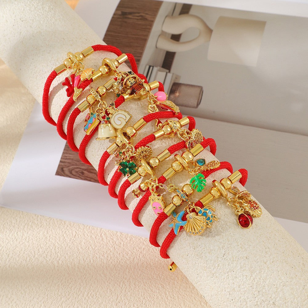 Playful Red Cord Enamel Charm Bracelet Set
