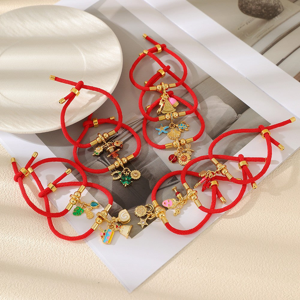 Playful Red Cord Enamel Charm Bracelet Set