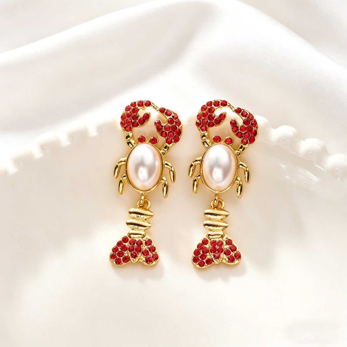 Classy Red Rhinestone Lobster Dangle Earrings