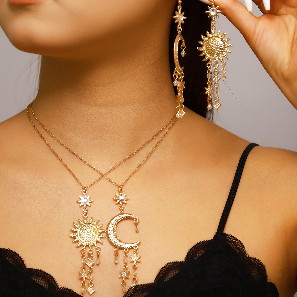 Boho Sun Moon Star Necklace & Earring Set