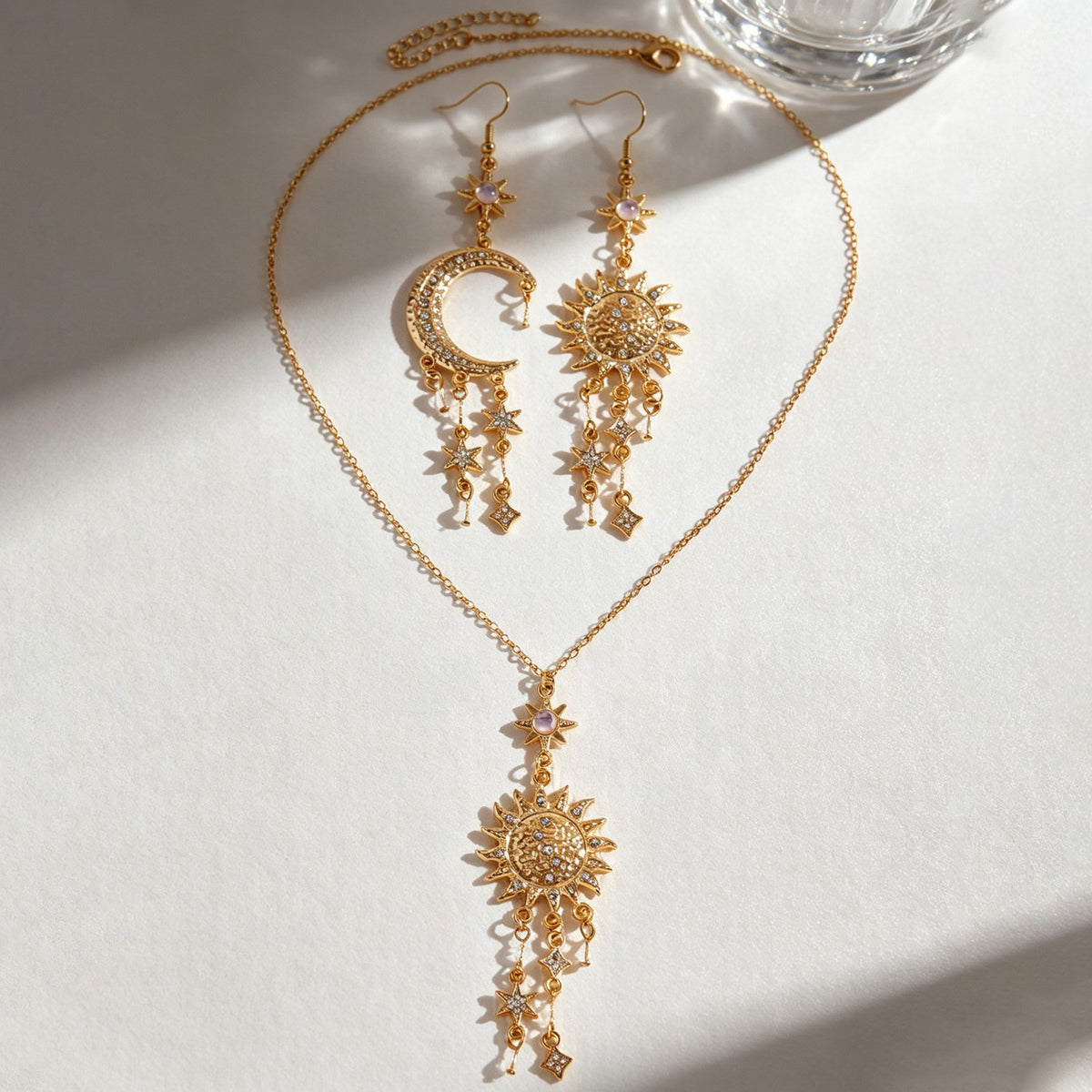 Boho Sun Moon Star Necklace & Earring Set