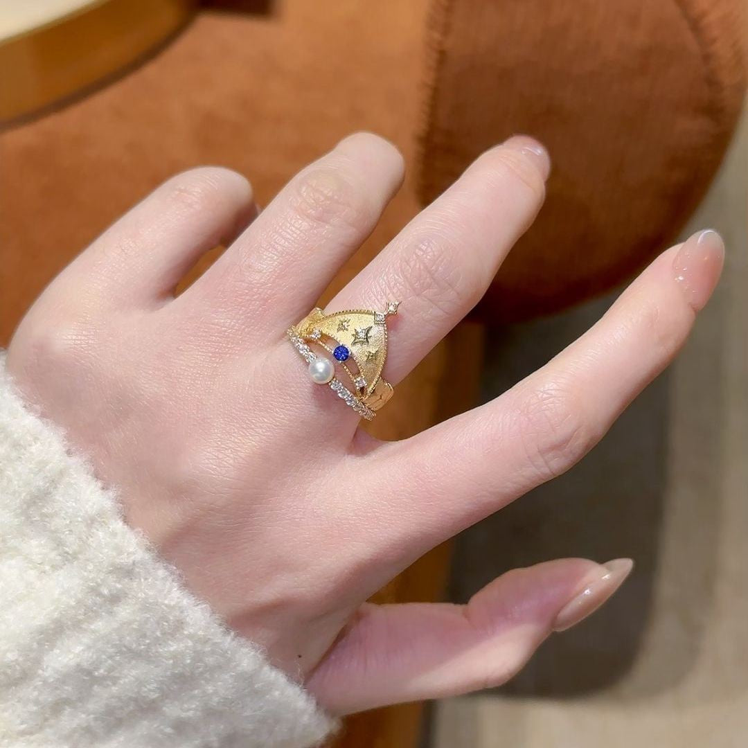Classy Vintage Crown Pearl Open Ring