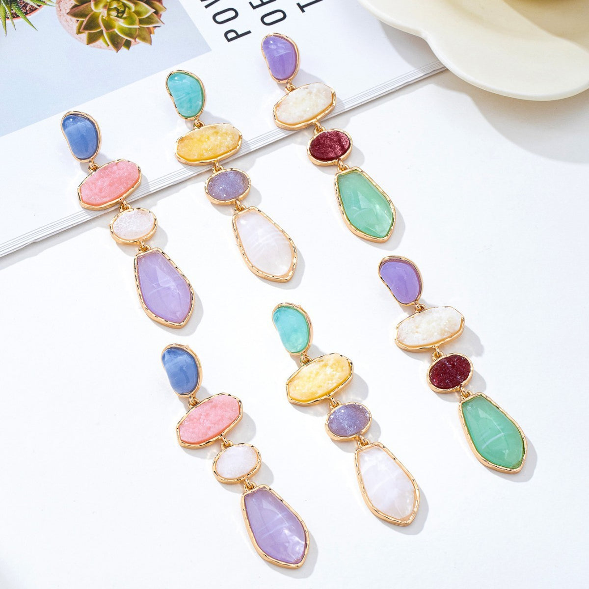 Classy Multi-Color Geometric Stone Drop Earrings
