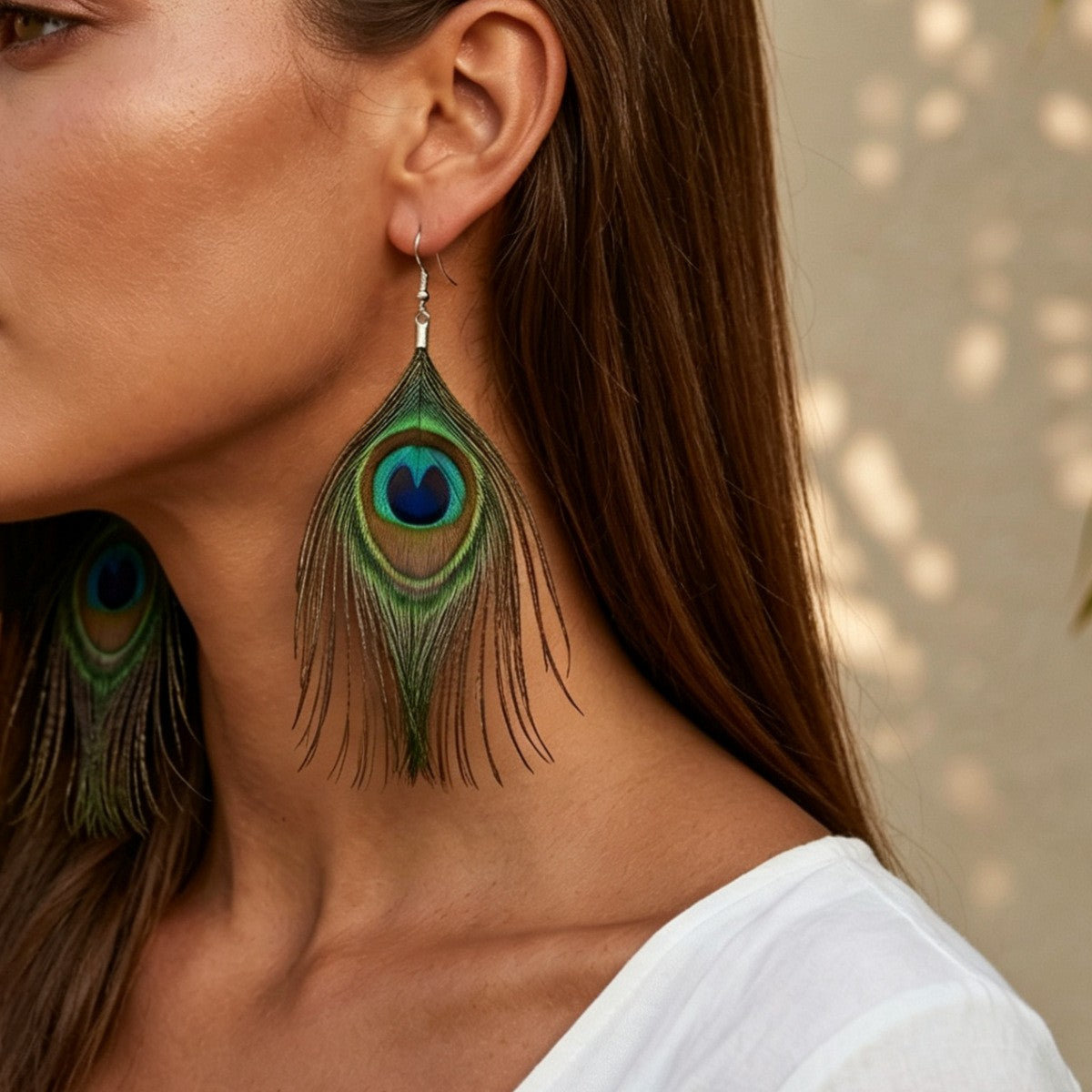 Boho Statement Peacock Feather Earrings