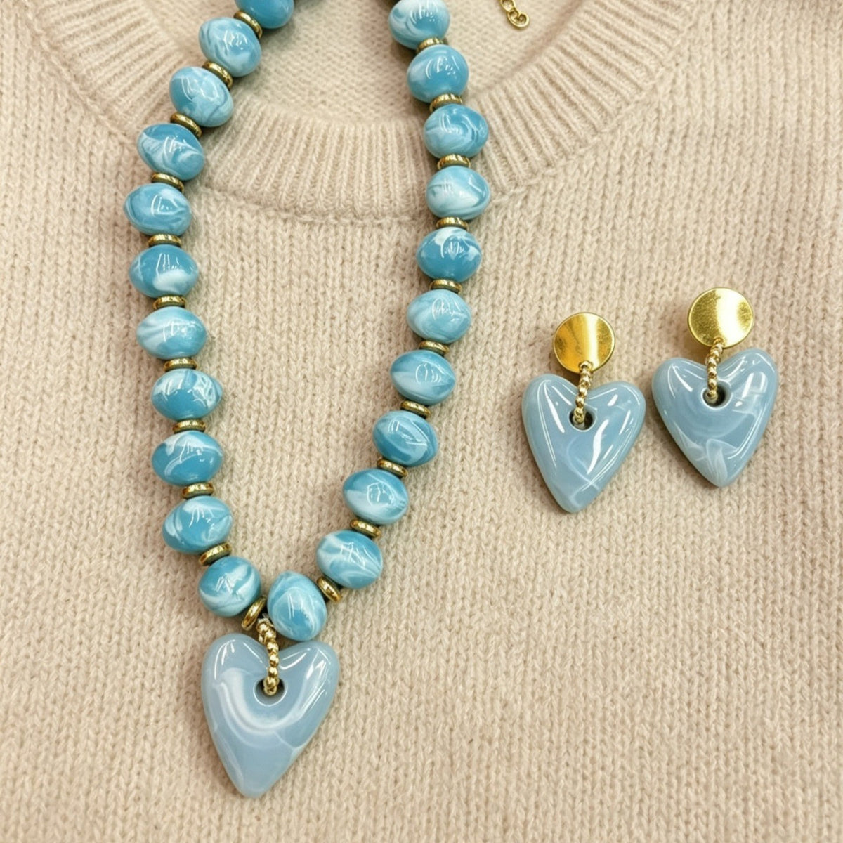 Boho Marbled Blue Heart Necklace and Earring Set