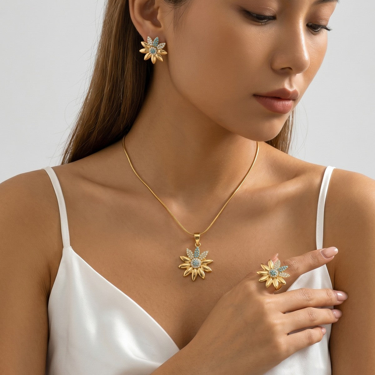 Elegant Floral Necklace, Earring & Ring Set