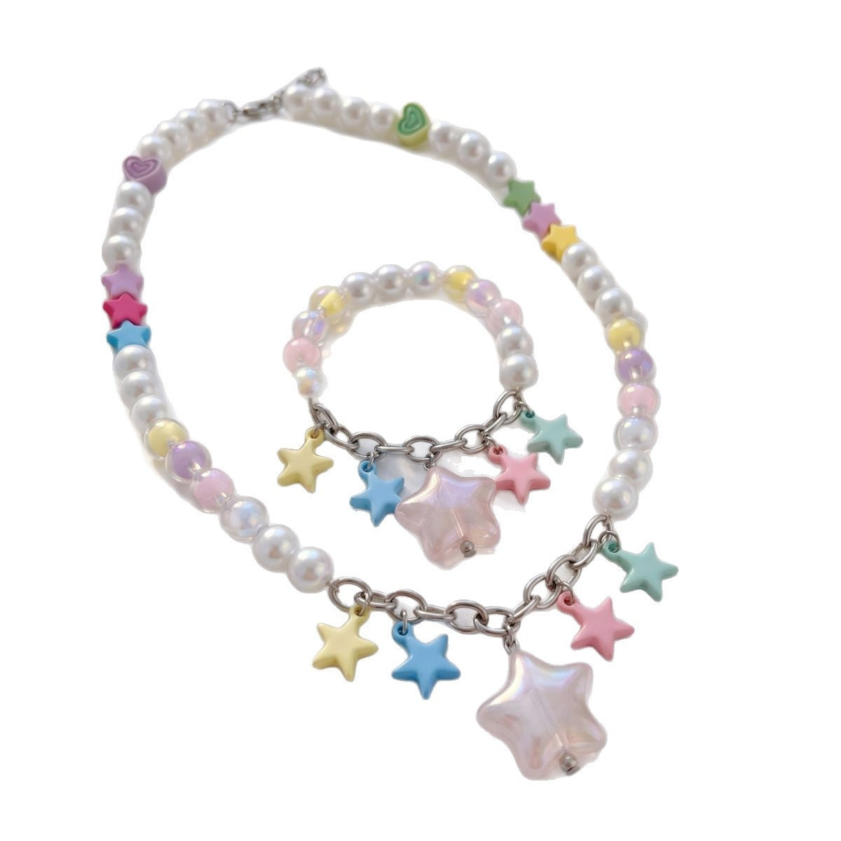 Dainty Pastel Star Pearl Necklace, Bracelet Set