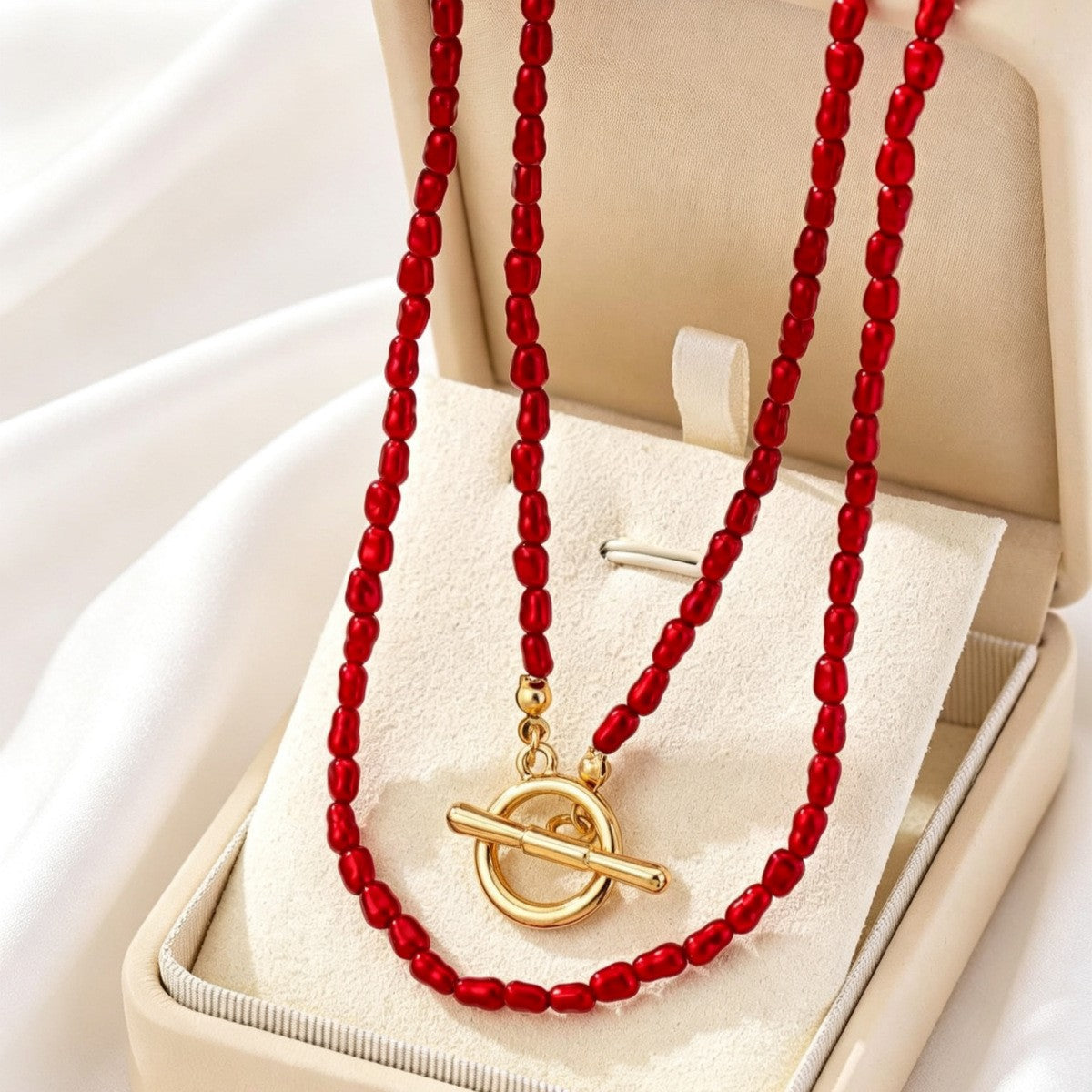 Romantic Red Beaded OT Toggle Necklace