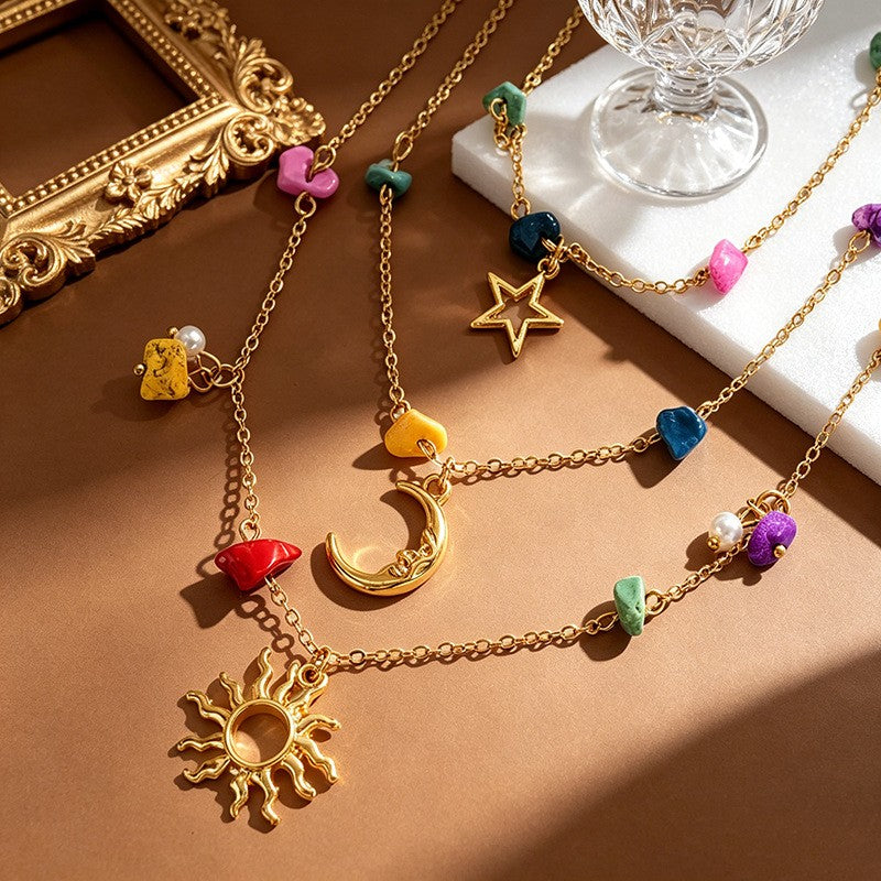 Boho Colorful Stone Sun Moon Star Layered Necklace