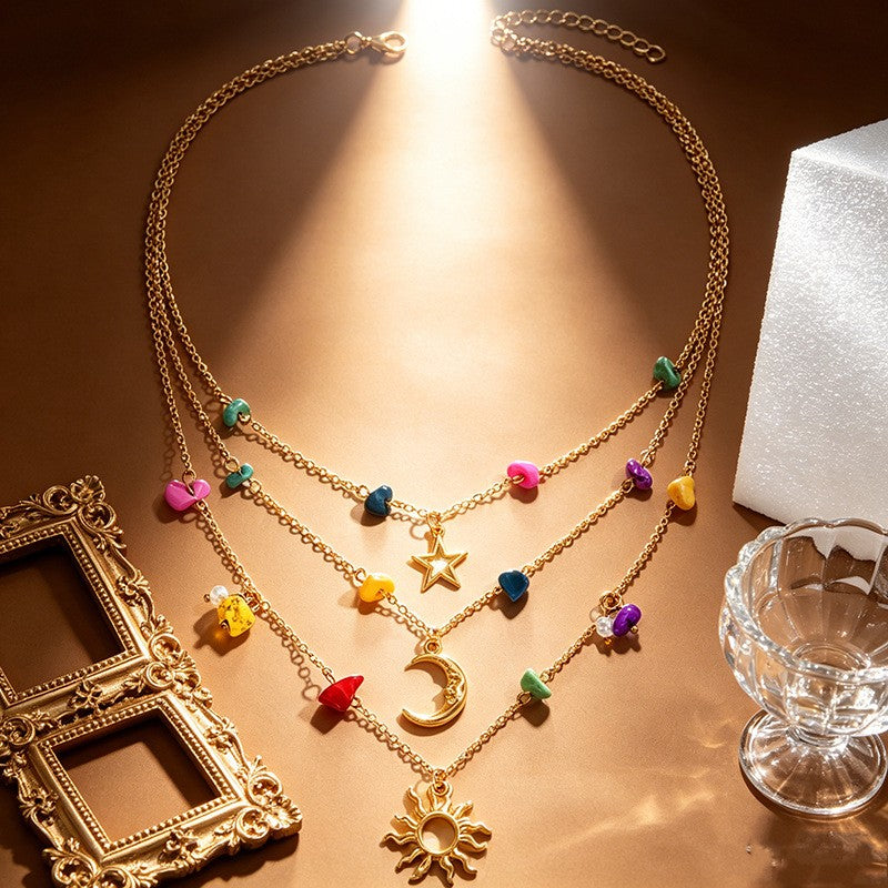 Boho Colorful Stone Sun Moon Star Layered Necklace